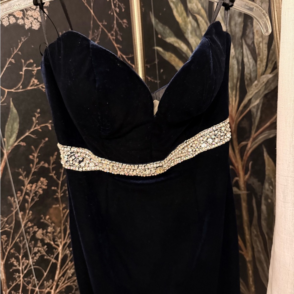 Mac Duggal Navy Velvet Strapless Dress with Embellished Waist